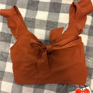 Cider Burnt Orange Tie-Front Ruffle Strap Crop Top